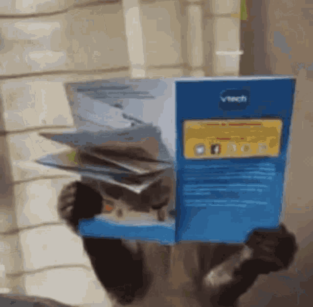 a person is holding a vtech box in their hands .