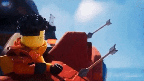 a lego figure is sitting on a red boat with arrows pointing at it .