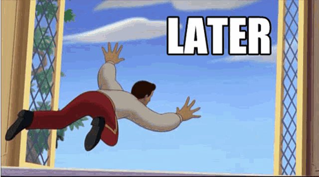 a cartoon of a man falling through a window with the word later written above him