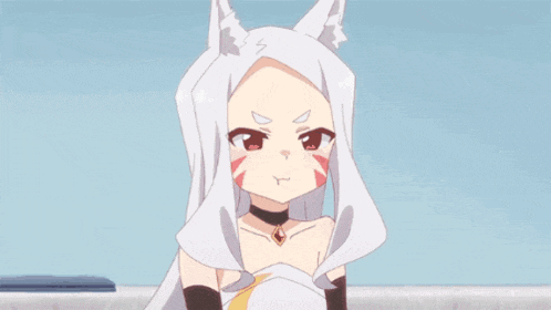 a girl with white hair and ears is making a funny face