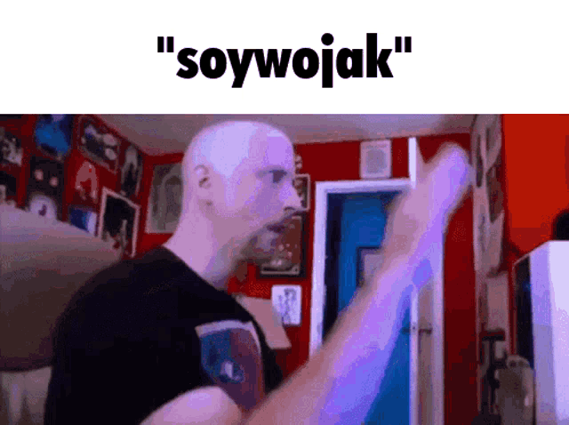 a man in a room with the words " soywojak " on the top