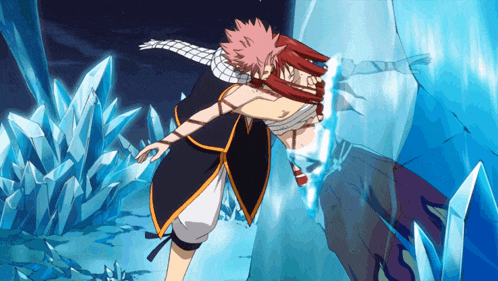 a person with red hair is standing in front of a wall of ice crystals