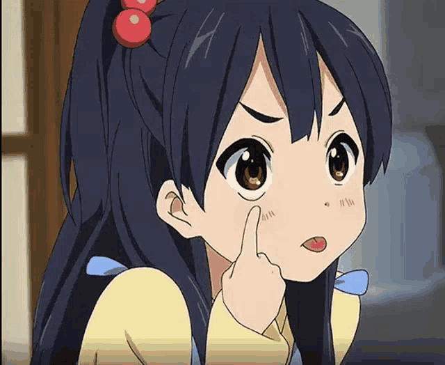 a girl with a ponytail and a red cherry in her hair is thinking