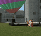 a cartoon character is sitting in the grass with a parachute in the background
