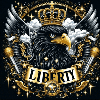 an eagle with a crown and the word liberty on a ribbon