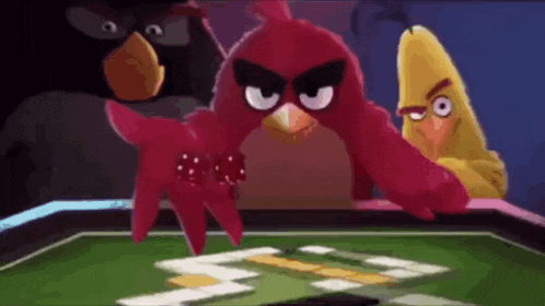 three angry birds are playing a game of dominoes .