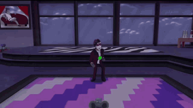 a man in a suit and sunglasses stands on a purple and white checkered floor