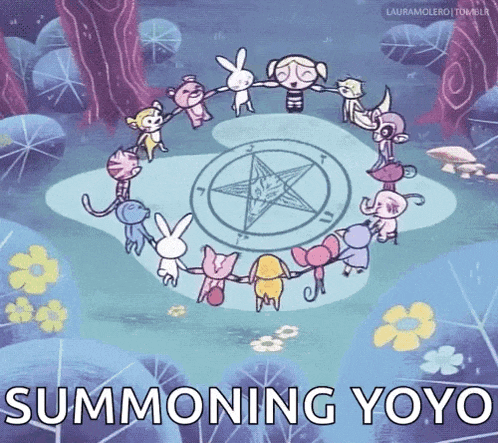 a group of cartoon characters are holding hands in a circle with the words summoning yoyo below them