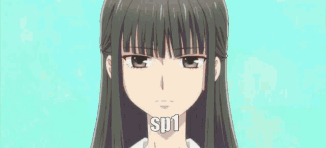 a girl in a school uniform is standing in front of two other girls with the words sp1 written on the bottom of her face .