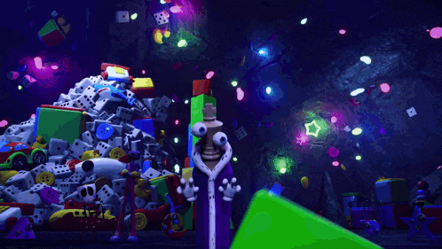 a cartoon character in a purple robe stands in front of a pile of toys and dice