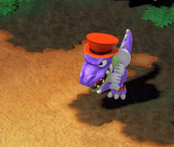 a purple dinosaur wearing a top hat and holding a spoon