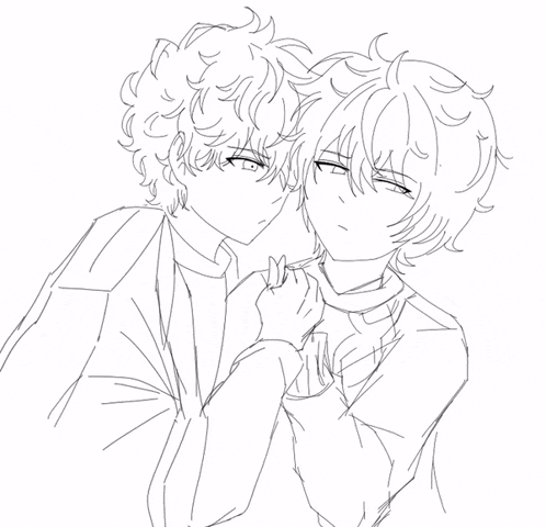 a black and white drawing of two anime characters kissing