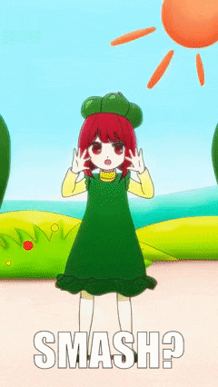a girl with red hair and a green dress says " smash " in white letters
