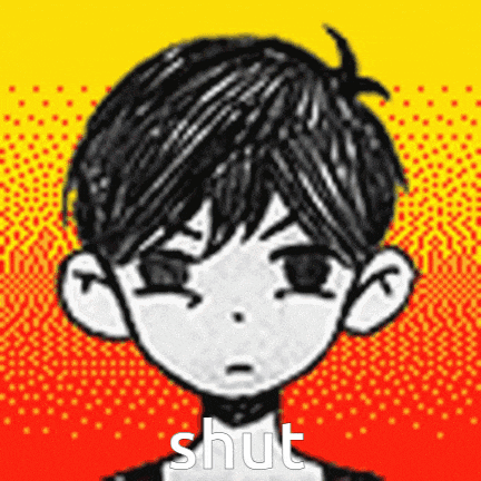 a black and white drawing of a boy with the word shut written on it