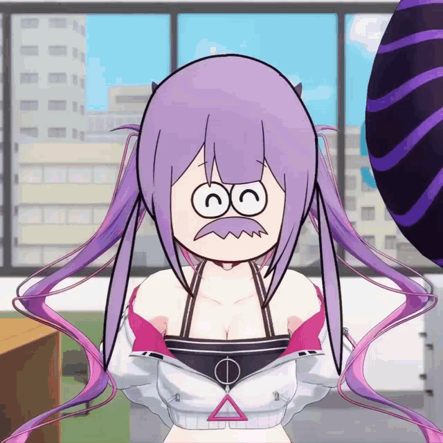a girl with purple hair and a mustache has a triangle on her chest