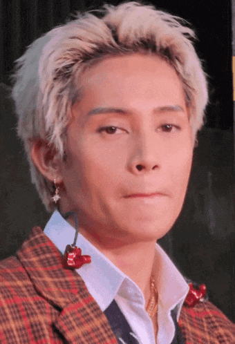 a close up of a person 's face with a plaid jacket