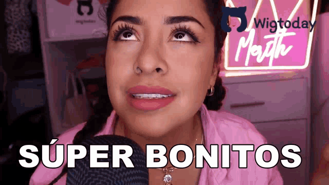 a woman with braces on her teeth says super bonitos in front of a neon sign