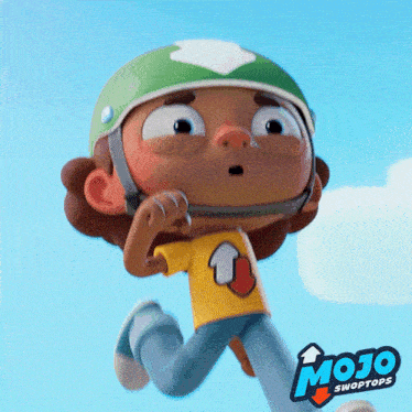 a cartoon character wearing a green helmet and a yellow shirt with an arrow on it is running in a mojo swoptops ad