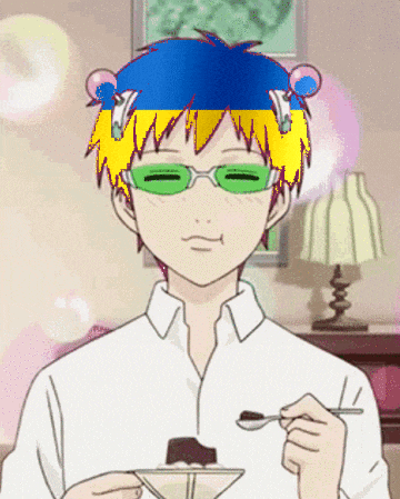 a cartoon character with yellow hair and green glasses eating a dessert