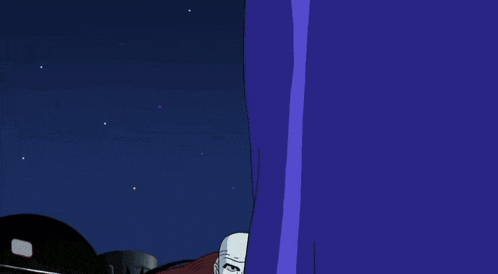 a cartoon drawing of a bald man with a purple scarf around his face
