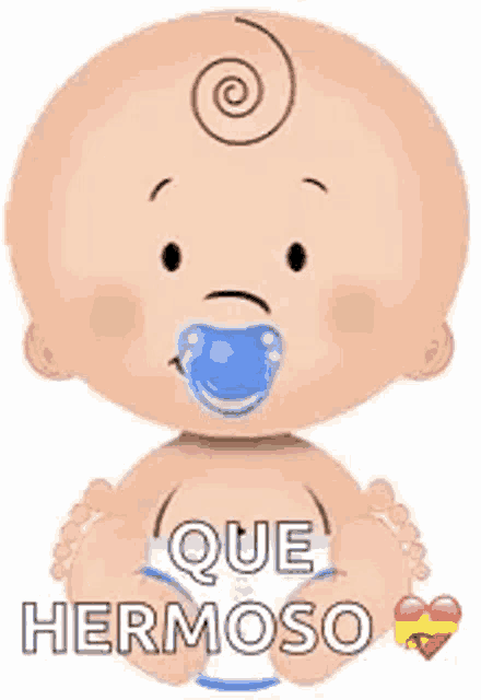 a baby with a pacifier in his mouth is holding a heart and says que hermoso .