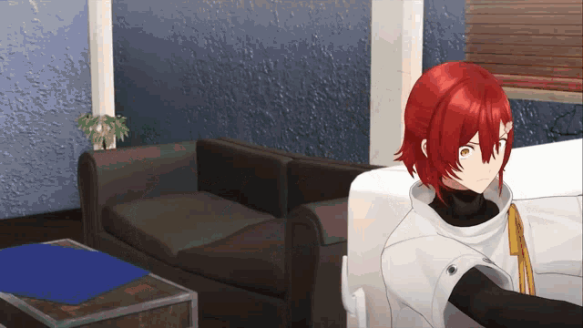 a person with red hair is sitting on a couch in a living room
