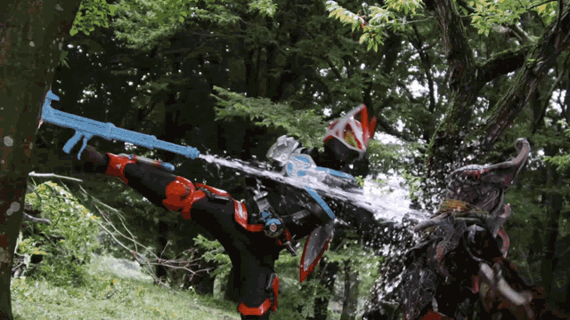 a person in a costume is holding a gun in the water