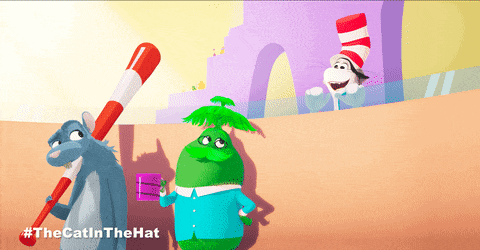 a poster for the cat in the hat shows a cat holding a bat and a green monster holding a cup