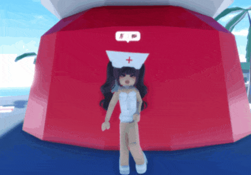 a girl wearing a nurse 's hat is standing in front of a red box