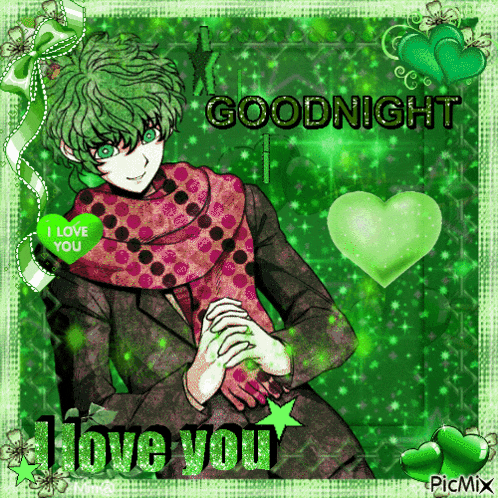 a picture of a green haired anime character with the words goodnight i love you