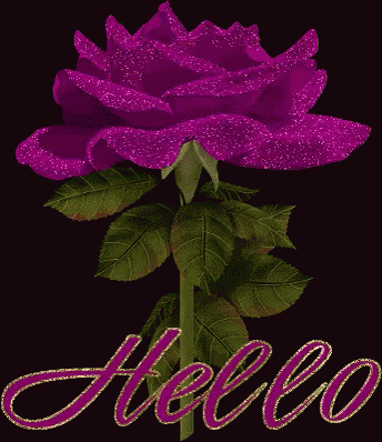 a purple rose with green leaves and the word hello on it