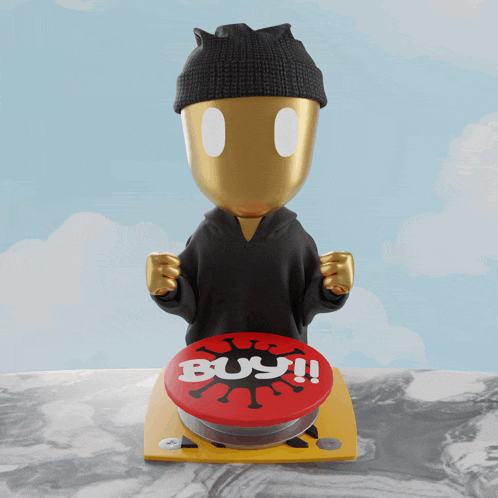 a statue of a man holding a red button that says buy