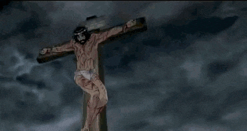 jesus is hanging on a cross with lightning behind him .