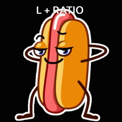 a cartoon of a hot dog with arms and legs and the words l + ratio below it