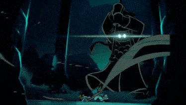 a cartoon drawing of a giant monster with glowing eyes and a sword