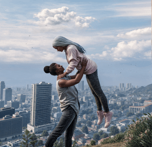 a woman is holding another woman in her arms over a city