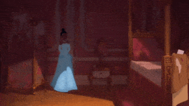 a princess in a blue dress and white gloves stands in front of a bed