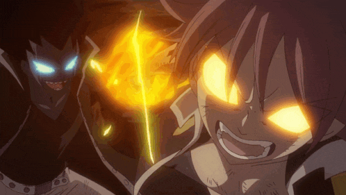 a cartoon character with glowing eyes stands next to a demon