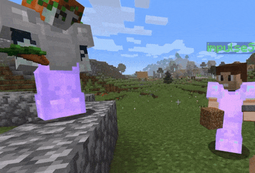 two minecraft characters are standing next to each other with a sign that says impulse on it