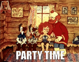 a cartoon of a man talking to a group of children with the words party time below them