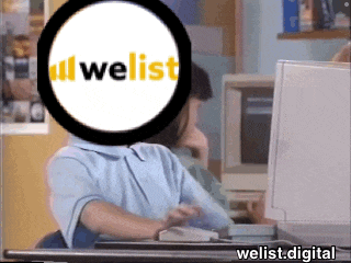 a person sitting in front of a computer screen with a welist logo on their head