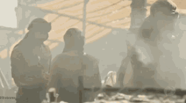 a group of people are standing in a foggy area .
