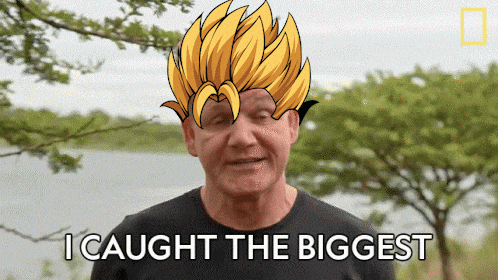 a man with a cartoon head and the words i caught the biggest on his face