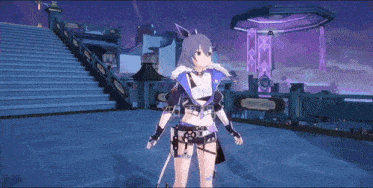 a girl in a video game is holding a sword in front of stairs
