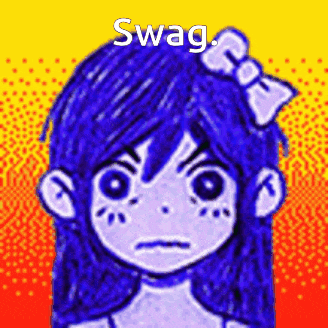 a drawing of a girl with blue hair and a bow in her hair with the words swag above her head