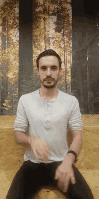 a man with a beard wearing a white shirt is sitting in front of a forest