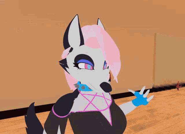 a cartoon drawing of a wolf with pink hair and blue gloves