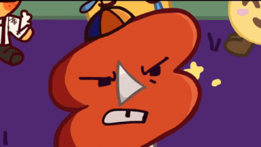 a cartoon drawing of a red object with a triangle face