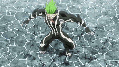 a cartoon character with green hair is standing on a rocky floor