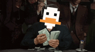 a man with a pixelated duck on his face holds a bunch of money
